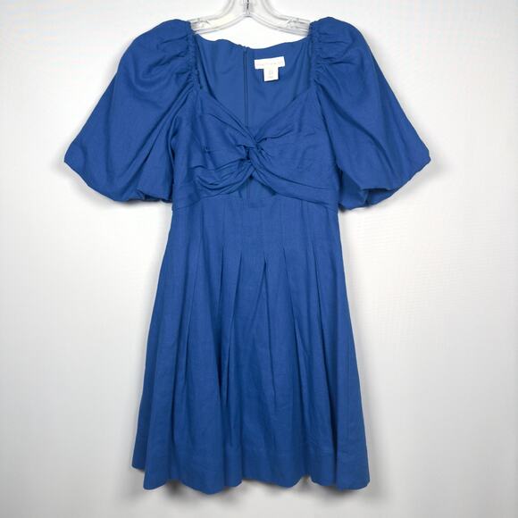 House of Harlow 1960 Dresses & Skirts - House of Harlow 1960 Blue Linen Twist Front Pleated Puff Sleeve Dress Women Sz 0